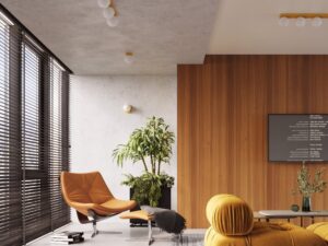 Miniaturka 2 - Kinkiet YONIS 1 żółty z włącznikiem w salonie z drewnianą ścianą