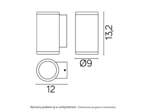 Miniaturka 2 - Rysunek wymiarowy kinkietu ADELA MIDI M1456 DG – wysokość 13,2 cm, średnica 9 cm i głębokość 12 cm
