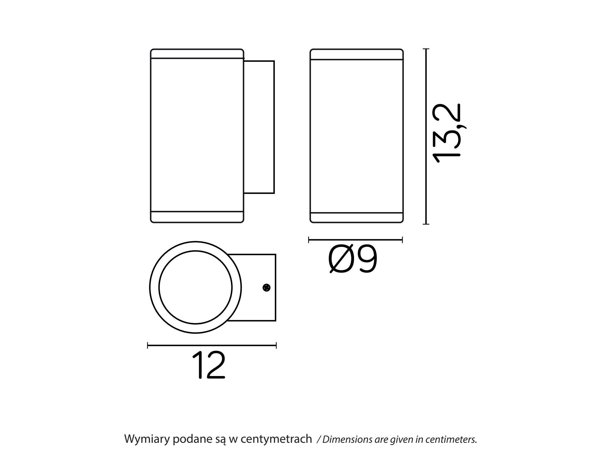 Rysunek wymiarowy kinkietu ADELA MIDI M1456 DG – wysokość 13,2 cm, średnica 9 cm i głębokość 12 cm