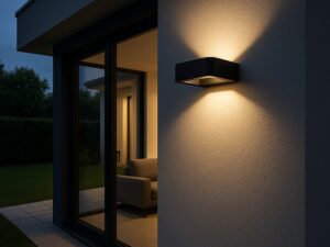 Miniaturka 1 - Czarny kinkiet ogrodowy Arius LED IP54 w aranżacji elewacji