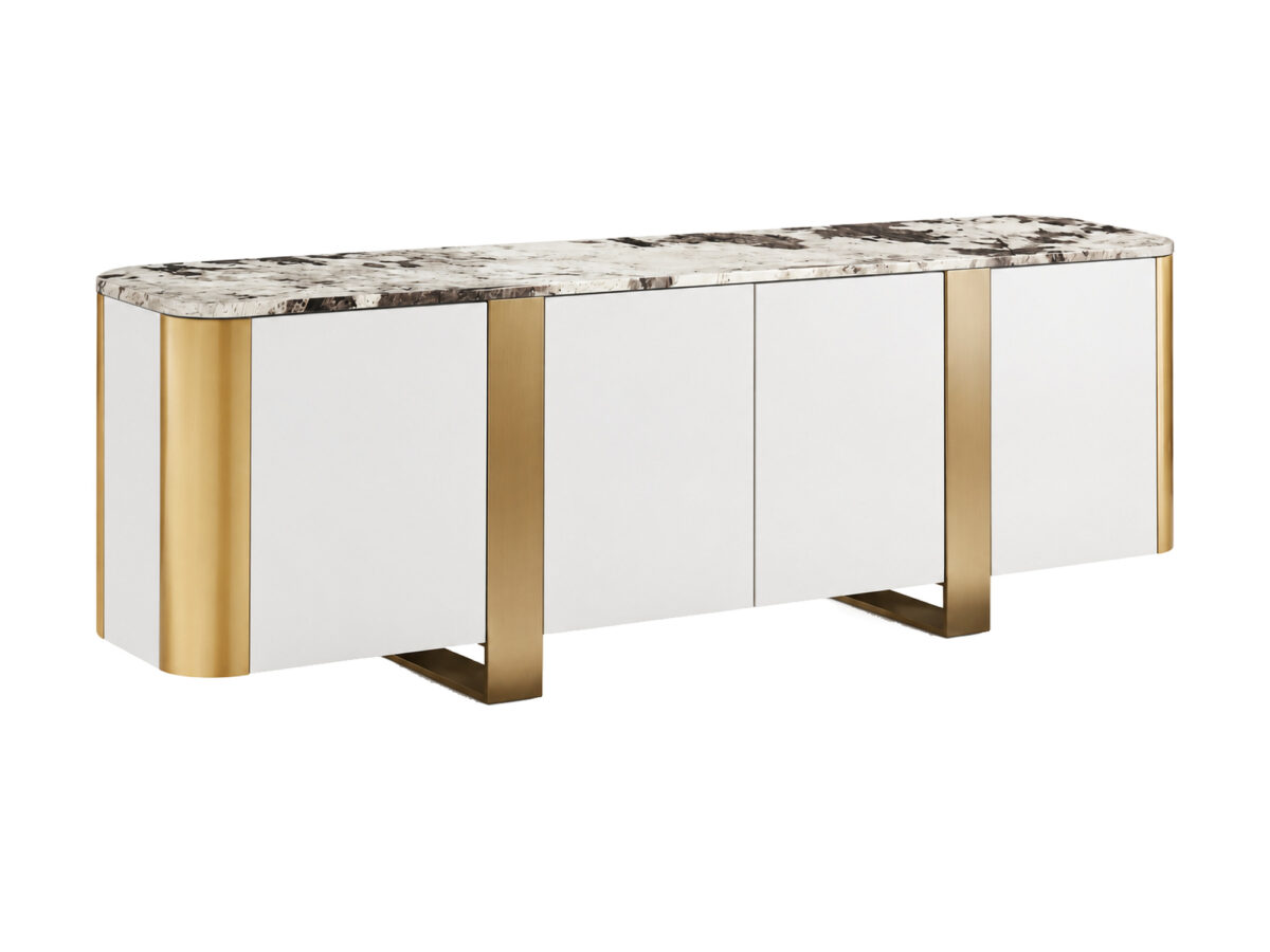 Komoda 4-drzwiowa ze złotymi akcentami – Eleganza 200 cm złamana biel