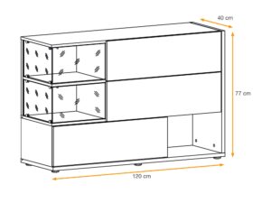 Miniaturka 6 - Komoda częściowo przeszklona Silvaro 120 cm perła szara dąb Wellington – rysunek z wymiarami, widok 2