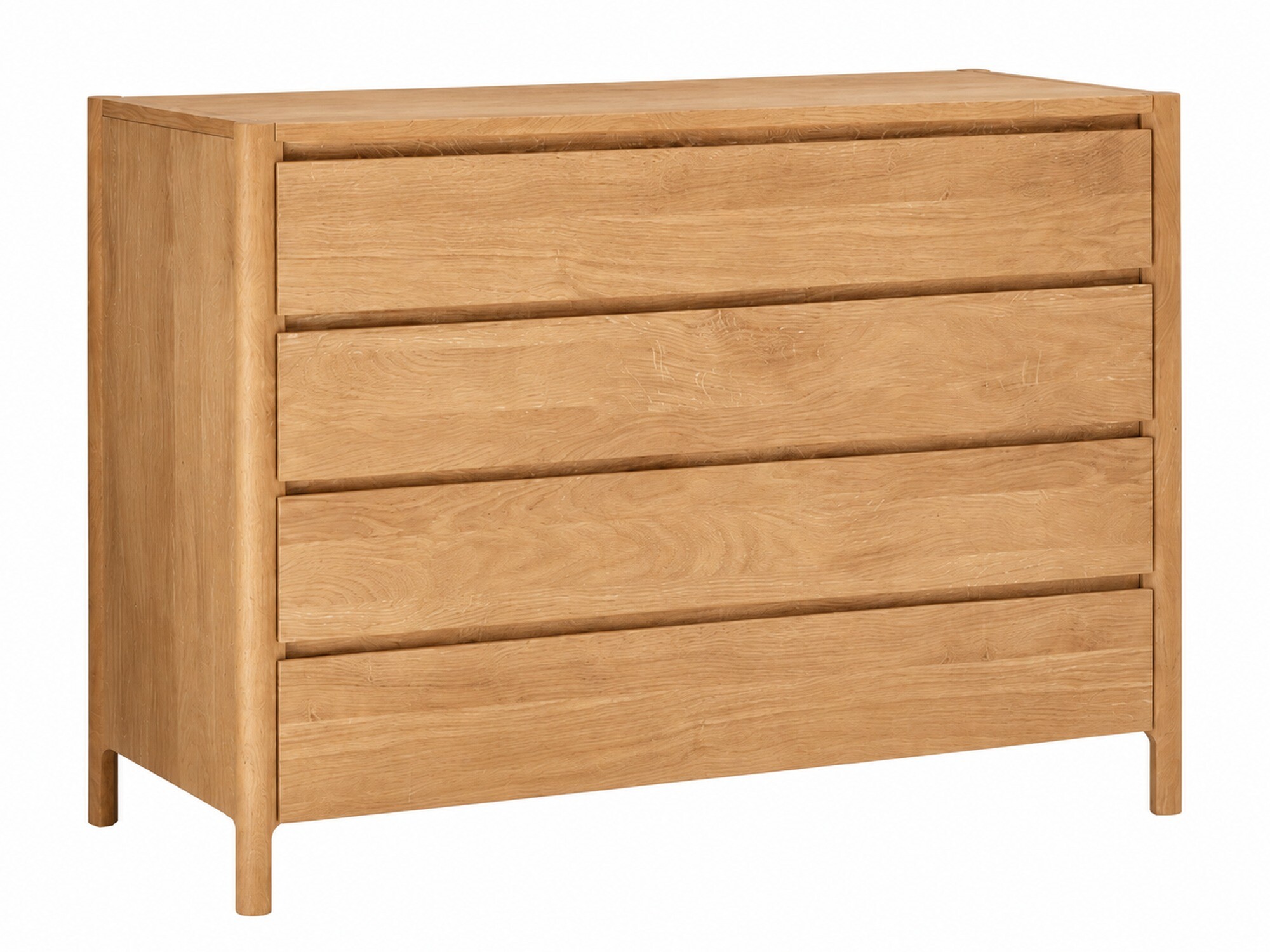 Komoda dębowa Daverna 123 cm z 4 szufladami w kolorze naturalnego dębu – zdjęcie produktu na białym tle
