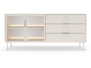 Miniaturka 6 - Komoda Dorvano 181 cm kaszmir – dwa ryflowane szklane fronty z LED i trzy szuflady, widok z przodu