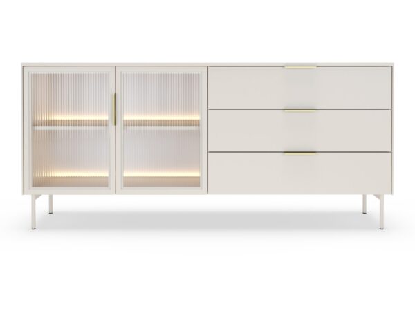 Komoda Dorvano 181 cm kaszmir – dwa ryflowane szklane fronty z LED i trzy szuflady, widok z przodu