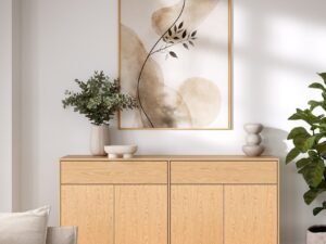 Miniaturka 1 - Komoda Dunvelo 180 cm w jasnym salonie – aranżacja dąb Bookmatch