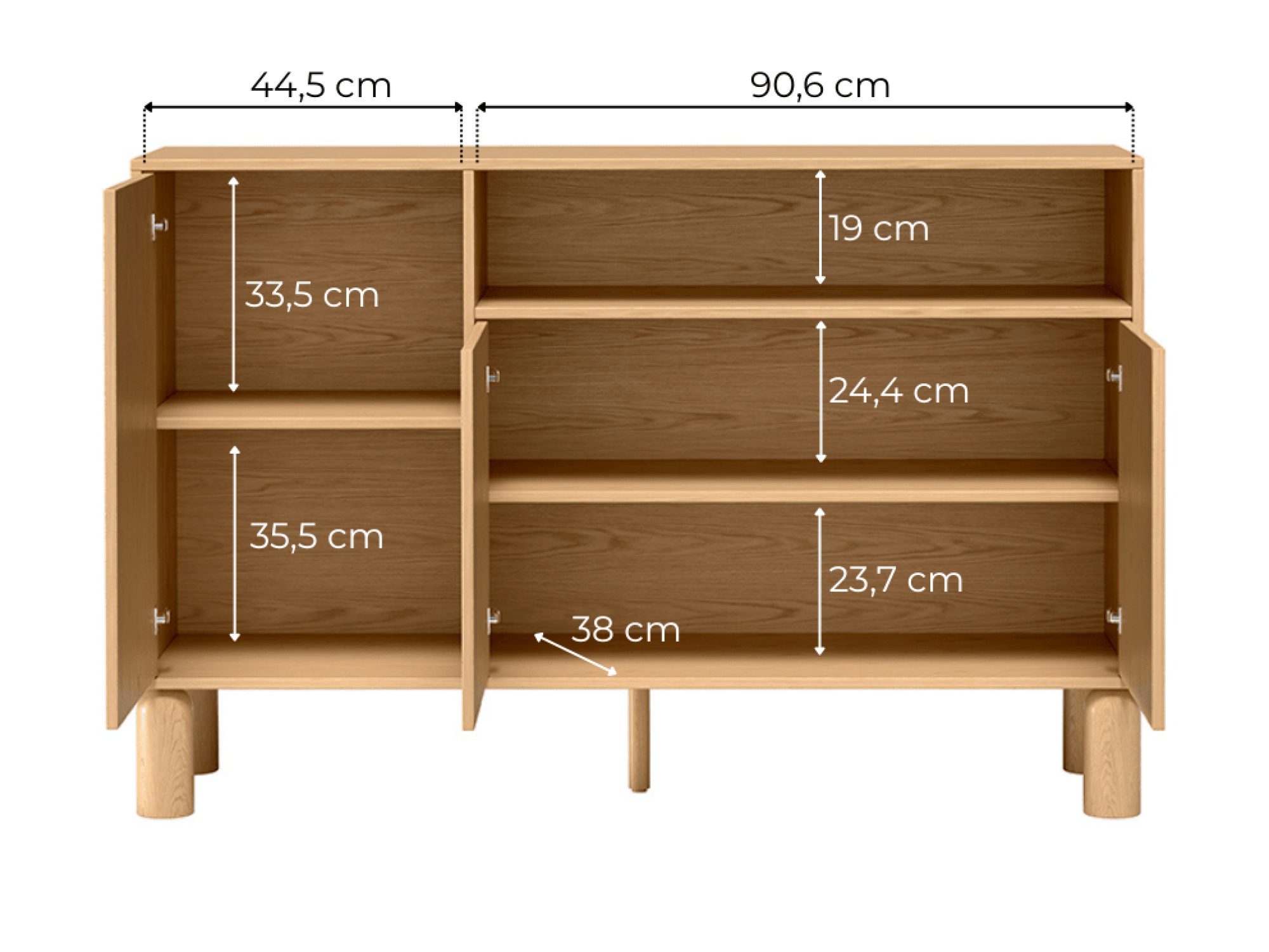 Schemat wewnętrznych półek komody Dunvelo 140 cm
