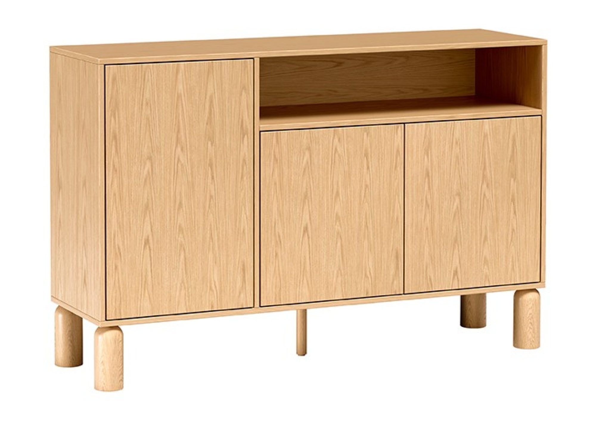 Komoda Dunvelo 140 cm dąb Bookmatch z otwartą wnęką i trzema drzwiami