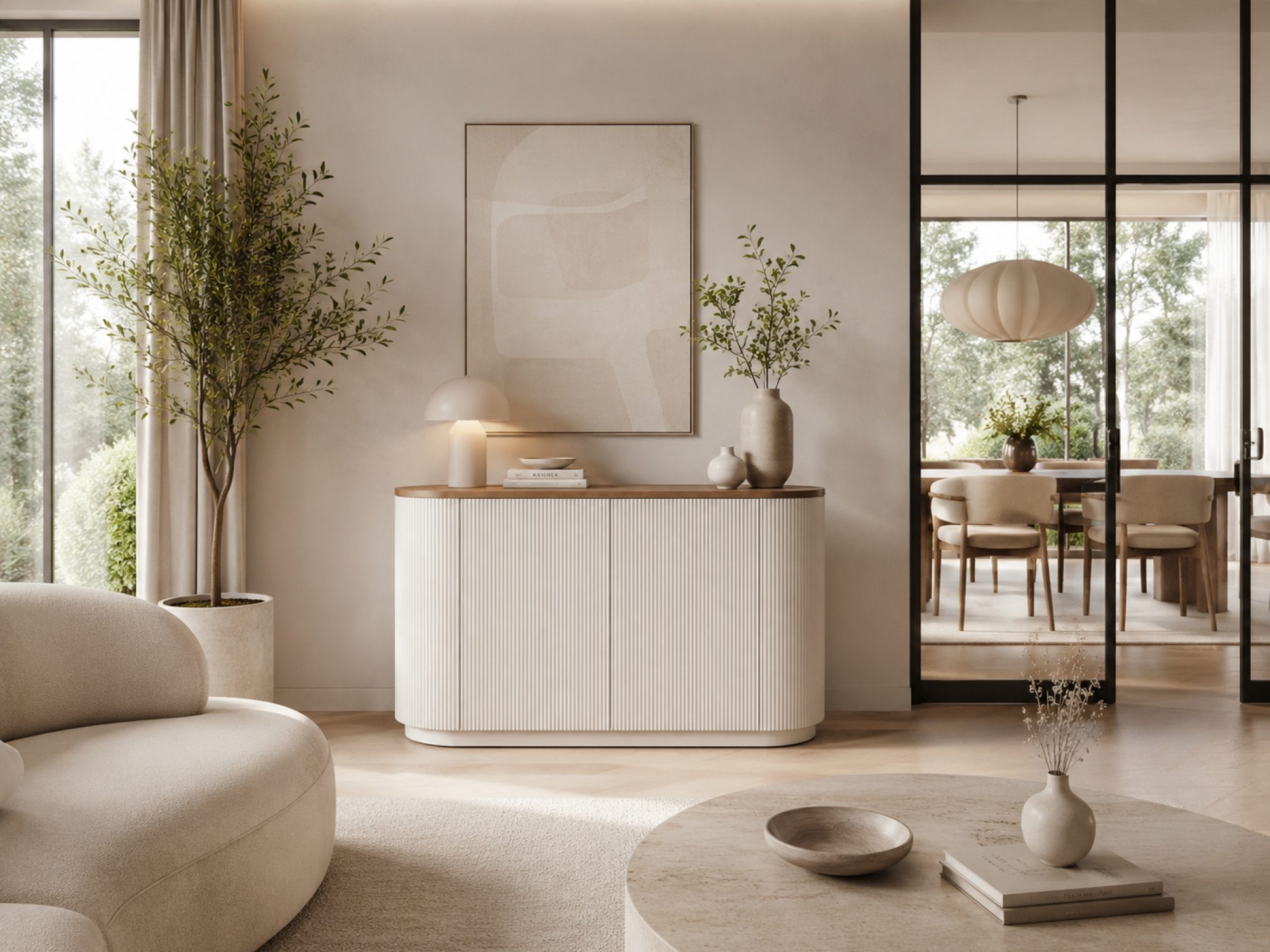 Komoda Eleganza 120 cm w salonie przy białej sofie i jadalni