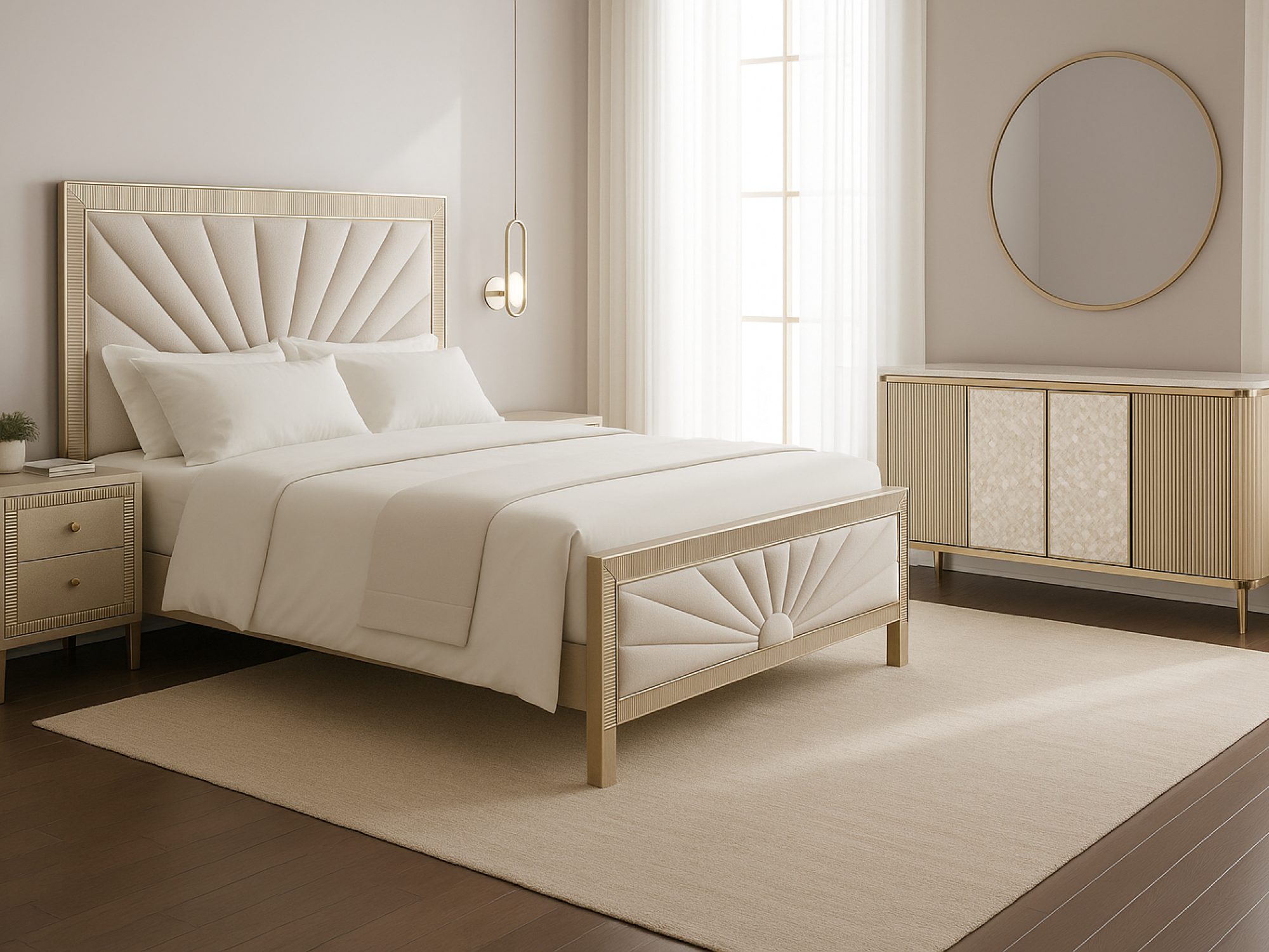 Komoda Eleganza 160 cm w jasnej sypialni z łóżkiem