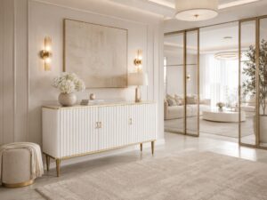 Miniaturka 3 - Komoda Eleganza w holu z dużym lustrem i złotymi kinkietami