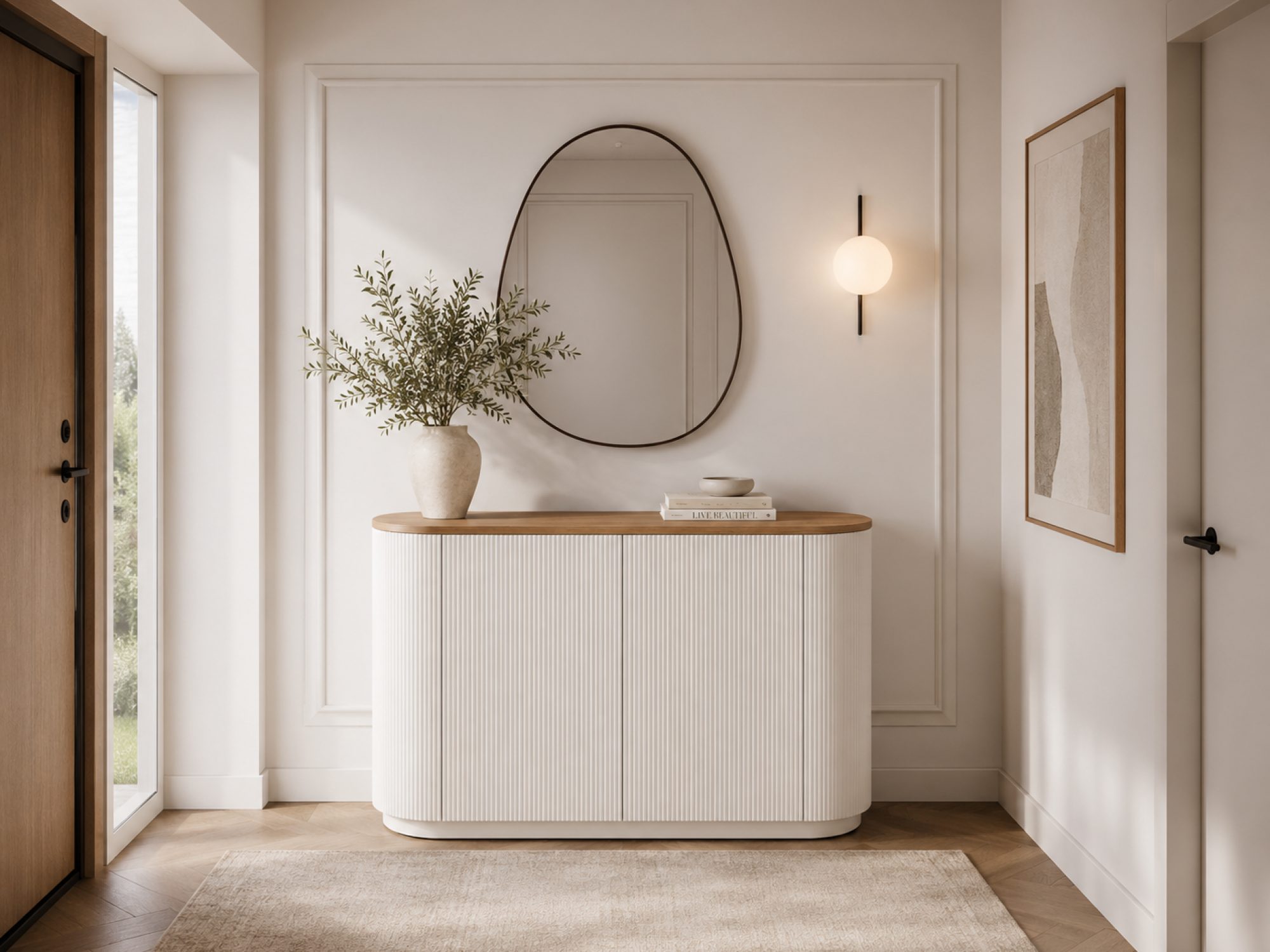 Komoda Eleganza ecru pod owalnym lustrem w jasnym przedpokoju
