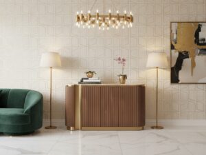 Miniaturka 7 - Komoda Eleganza z orzecha i trawertynu przy zielonym fotelu – aranżacja