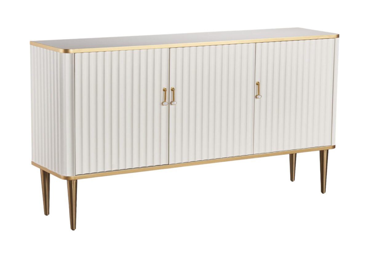 Komoda ryflowana w złamanej bieli ze złotymi nogami 160 cm – Eleganza