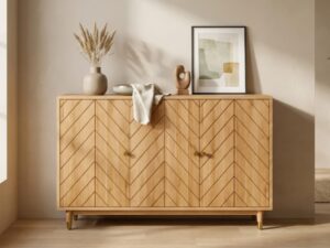 Miniaturka 2 - Komoda dębowa z jodełką Jorvano 140 cm dąb naturalny i złoty – zdjęcie 3