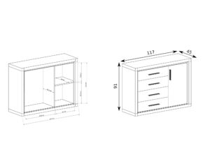 Miniaturka 8 - Komoda Kalmeo 117 cm – schemat wymiarów i wnętrza szafki