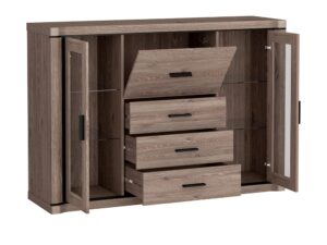 Miniaturka 2 - Komoda Kalmeo Dąb truflowy z otwartymi szafkami i barkiem