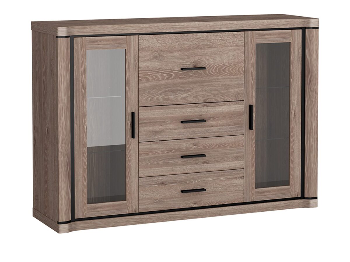 Komoda Kalmeo 157 cm z barkiem i przeszkleniami