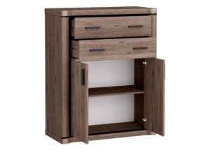 Miniaturka 2 - Komoda Kalmeo dąb truflowy z wysuniętymi szufladami i otwartymi drzwiami szafki