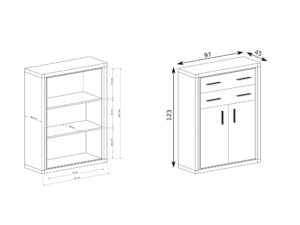 Miniaturka 4 - Rysunek wymiarowy komody wysokiej Kalmeo o szerokości 97 cm i wysokości 123 cm