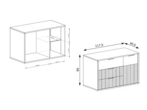 Miniaturka 6 - Komoda Lavinia 118 cm – schemat szuflad i półek oraz rysunek wymiarów