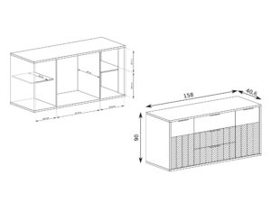 Miniaturka 5 - Komoda Lavinia 158 cm – schemat półek i szuflad z rysunkiem wymiarowym