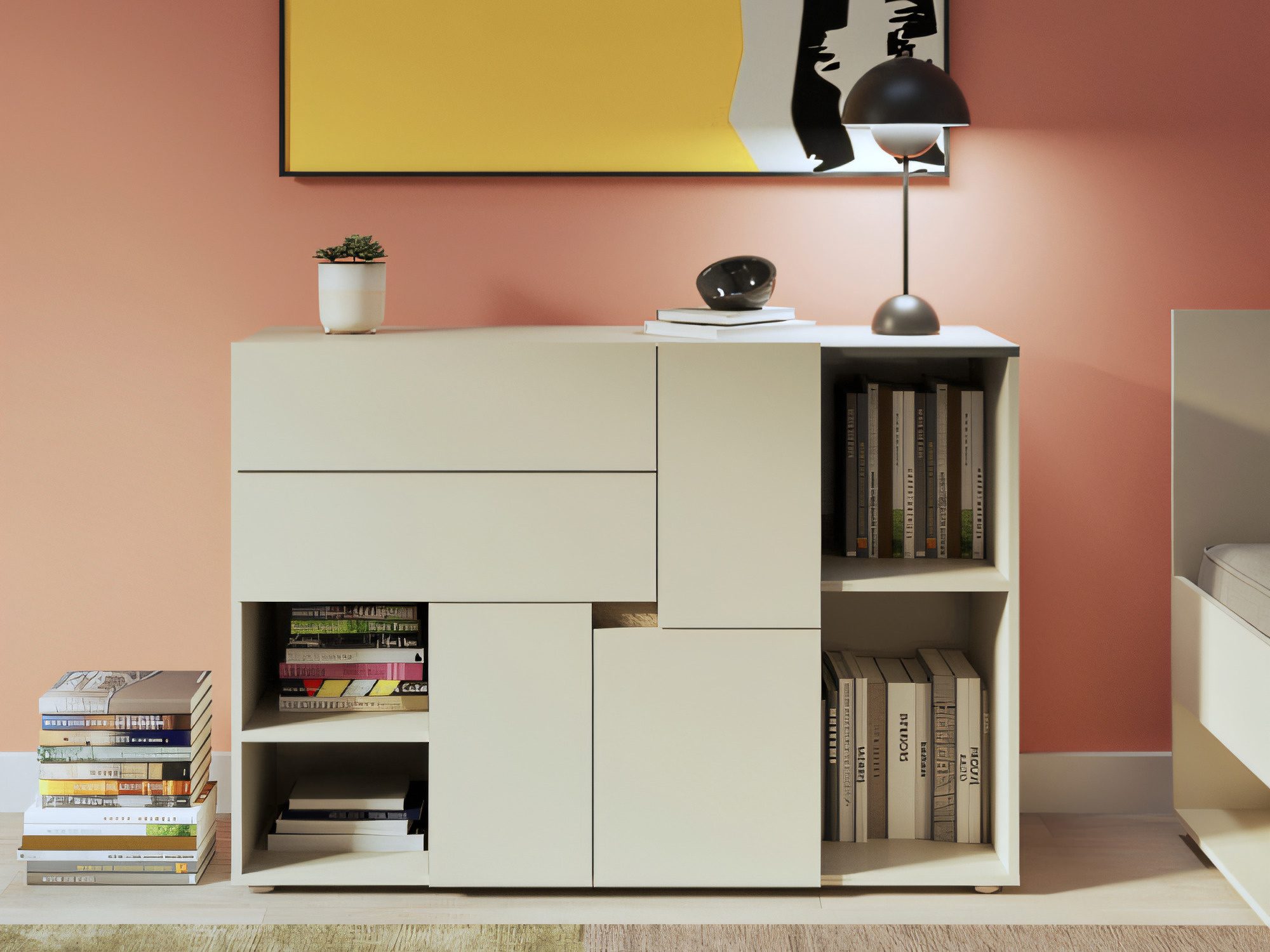 Komoda Lenzaro 120 cm kaszmir dąb z książkami