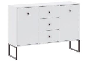 Miniaturka 6 - Biała komoda Linvero 115 cm – dwa zamknięte skrzydła, trzy szuflady i metalowe nogi