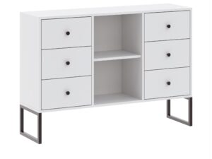 Miniaturka 6 - Biała komoda Linvero 115 cm – sześć szuflad, dwie otwarte półki i metalowe nogi