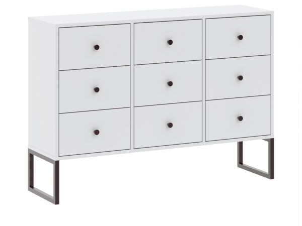 Biała komoda Linvero 115 cm z dziewięcioma szufladami