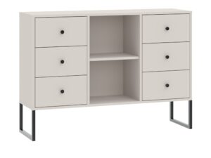 Miniaturka 1 - Kaszmirowa komoda Linvero 115 cm – sześć zamkniętych szuflad i dwie środkowe półki