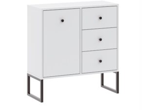 Miniaturka 4 - Biała komoda Linvero 77 cm z jednymi drzwiami i trzema szufladami na białym tle