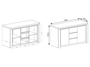 Miniaturka 2 - Rysunek techniczny komody Nalvio 144 cm z szufladami i półkami