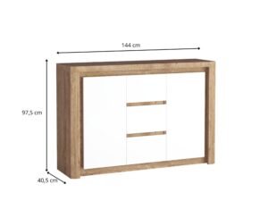 Miniaturka 3 - Komoda Nalvio 144 cm z wymiarami i trzema szufladami