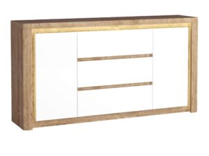 Miniaturka 5 - Komoda Nalvio 184 cm Ribbeck i biały połysk, trzy szuflady, dwie szafki i włączone LED