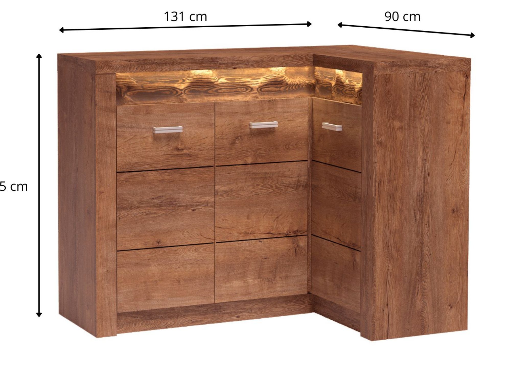 Komoda narożna Brenza – szerokości ramion 131 i 90 cm oraz wysokość 103,5 cm