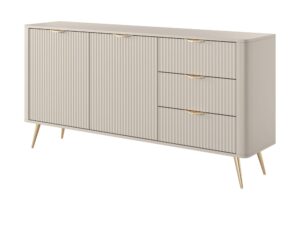 Miniaturka 1 - Komoda Nesaro beżowa – otwarte drzwi z półkami i wysunięte szuflady