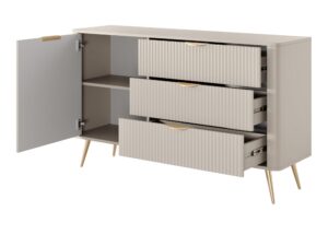 Miniaturka 3 - Komoda Nesaro beżowa 138 cm – wysunięte szuflady i otwarta szafka