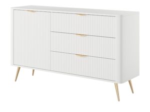 Miniaturka 6 - Komoda Nesaro biała 138 cm – ryflowane szuflady i złote nogi