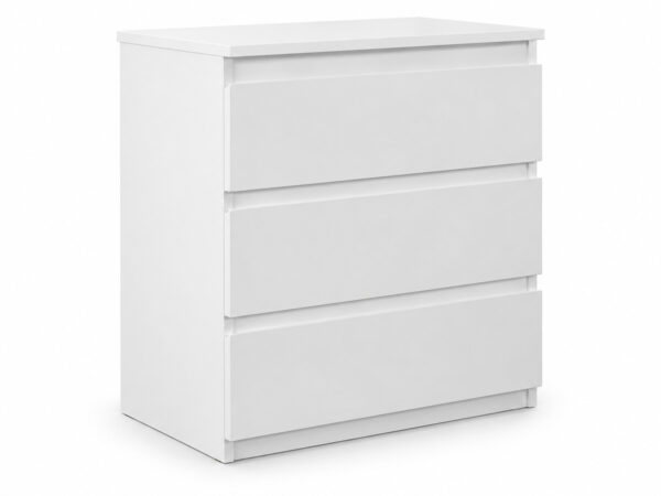 Biała komoda Novia 70 cm z trzema szufladami, na białym tle