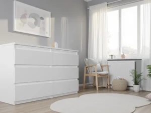 Miniaturka 3 - Szeroka biała komoda Novia 140 cm z szufladami pod oknem