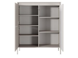 Miniaturka 1 - Komoda Ombrino beżowa z trzema otwartymi drzwiami i półkami po obu stronach