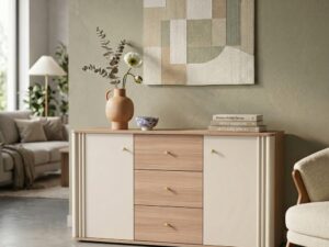 Miniaturka 4 - Komoda Orsetta 140 cm w jasnym salonie z dekoracjami na blacie