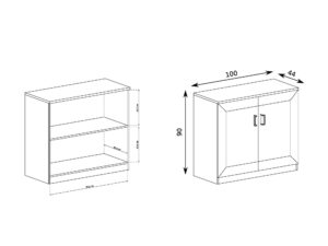 Miniaturka 3 - Komoda Pradella 100 cm rysunek wymiarowy oraz wnętrze z półką