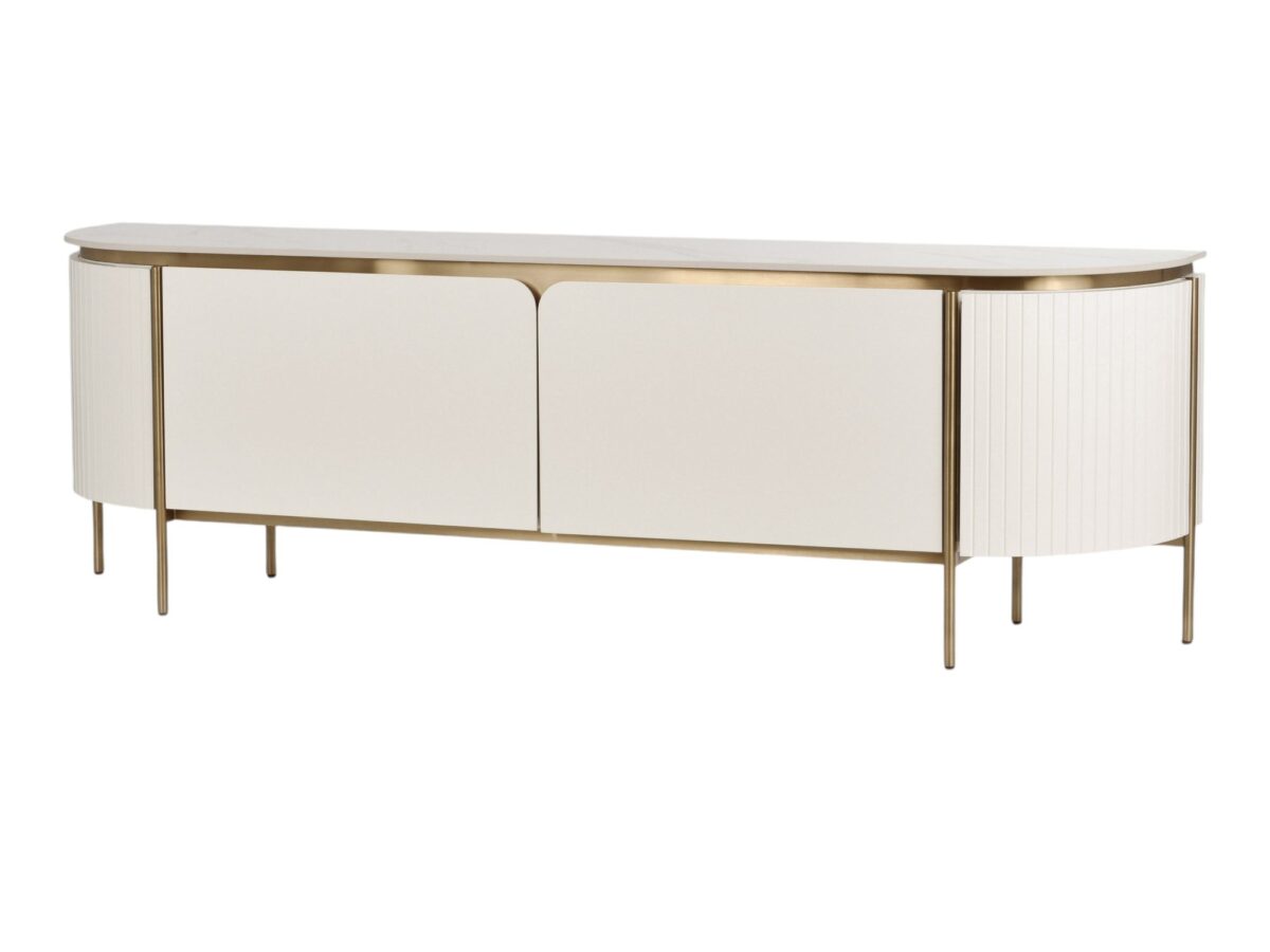 Komoda RTV 200 cm biała ecru z ryflowanymi frontami – Eleganza