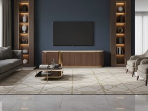 Miniaturka 7 - Komoda RTV Eleganza na tle granatowej ściany i regałów