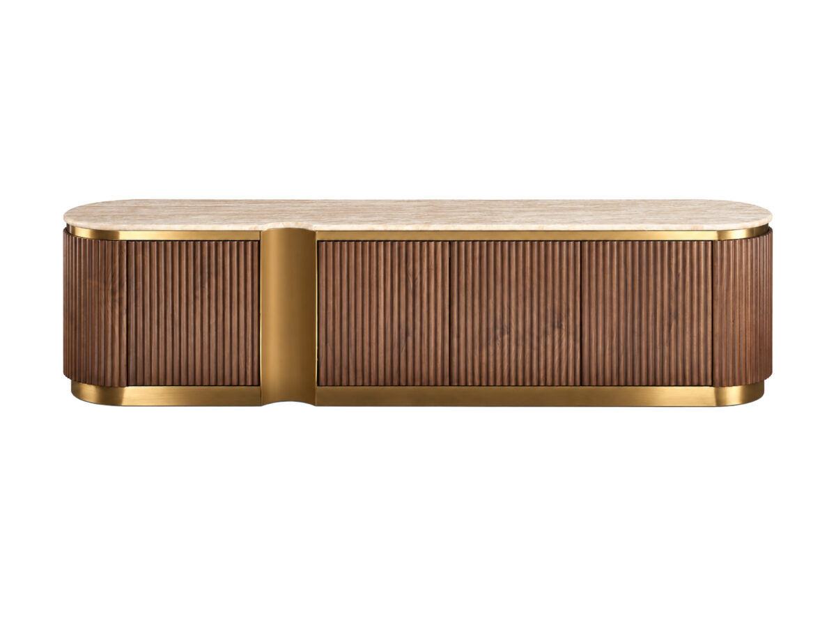 Komoda RTV ryflowana orzech 200 cm z trawertynem – Eleganza