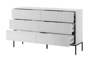 Miniaturka 5 - Komoda Sivas 154 cm, 6 szuflad, biała, stelaż czarny – otwarte szuflady