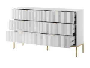 Miniaturka 8 - Komoda Sivas 154 cm, 6 szuflad, biała, stelaż złoty – otwarte szuflady