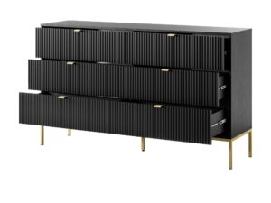 Miniaturka 11 - Komoda Sivas 154 cm, 6 szuflad, czarna, stelaż złoty – otwarte szuflady